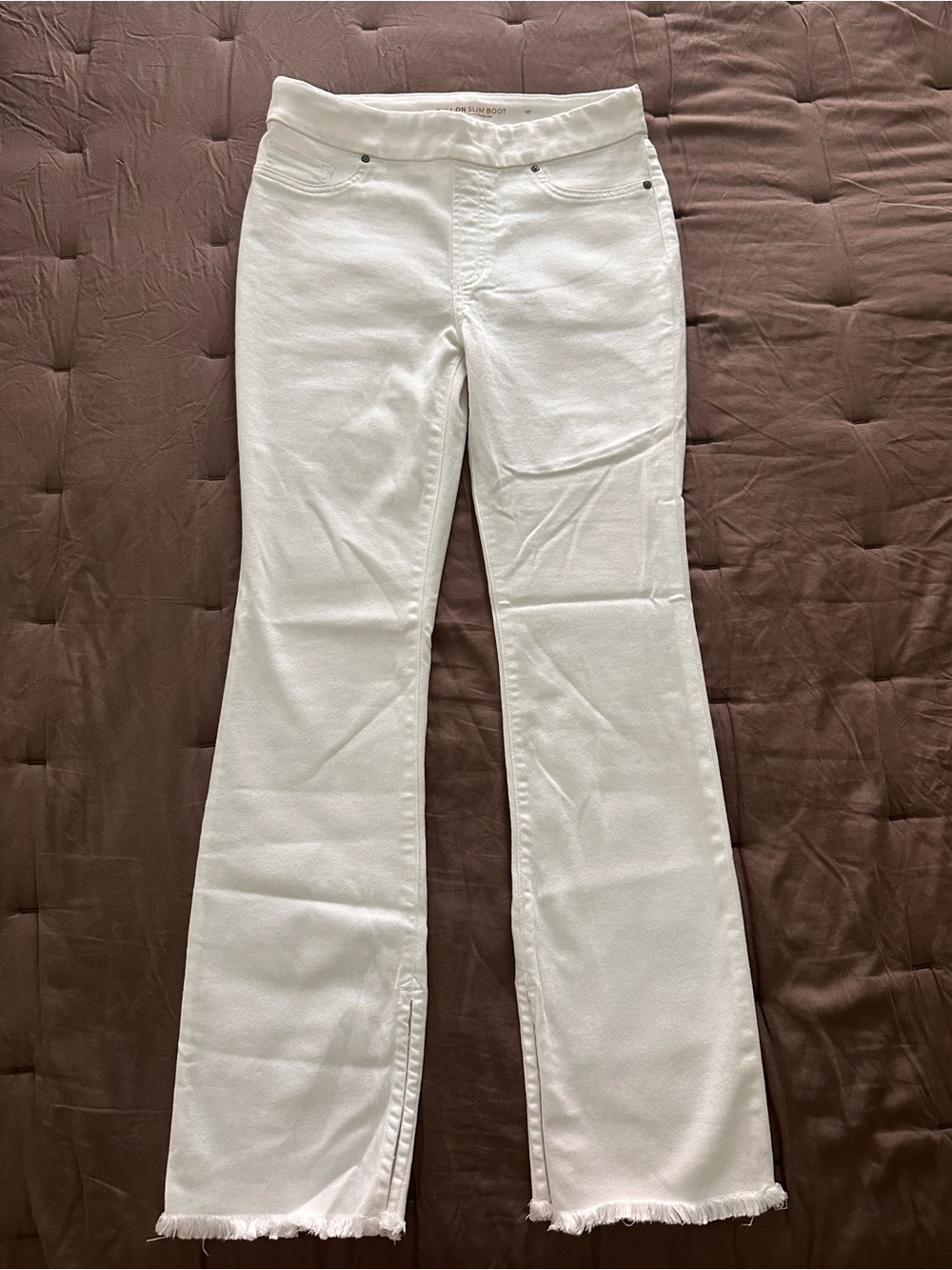 Chico's Pull On White Slim Boot Jeans with Raw Frayed Hem
